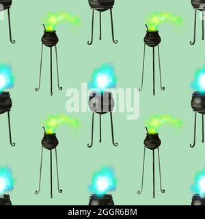 Motif sans couture Watercolor Magic Cauldron. Illustration des sorcières de potion Banque D'Images