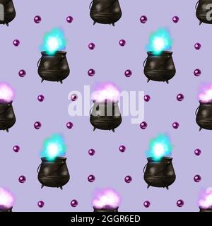 Motif sans couture Watercolor Magic Cauldron. Illustration des sorcières de potion Banque D'Images