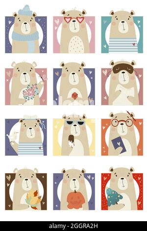 Ensemble avec des ours mignons. Animaux dans différents vêtements, avec différents objets avec un arbre de Noël et potiron, crème glacée et un mouette. Vecteur illustrat Illustration de Vecteur
