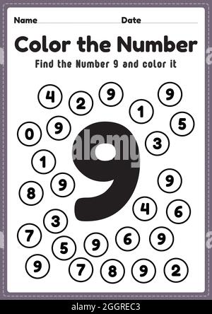 Nombre de feuilles de calcul pour la maternelle, numéro 9 coloriage des activités mathématiques pour les enfants de la maternelle pour apprendre les compétences de base en mathématiques dans une page imprimable. Illustration de Vecteur