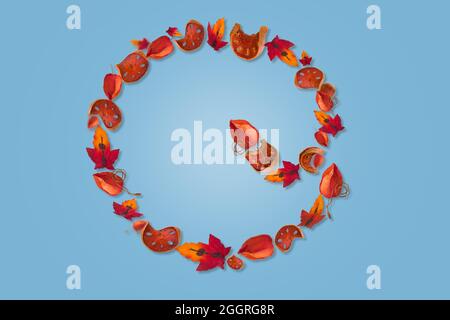 Feuilles d'automne et citrouille séchée en tranches disposées en cercle, cadre. Arrière-plan d'automne minimaliste et créatif. Banque D'Images