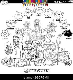 Dessin animé éducatif noir et blanc illustration des couleurs de base avec Halloween Holiday personnages groupe coloriage livre page Illustration de Vecteur