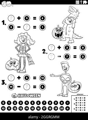 Dessin animé en noir et blanc illustrant la tâche de puzzle d'addition et de soustraction mathématique éducative avec des personnages enfants sur la coloration de l'heure d'Halloween Illustration de Vecteur