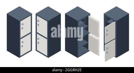 Ensemble isométrique de coffres-forts métalliques de sécurité isolés sur fond blanc. Sécurité financière. Coffre-fort en métal Banque d'argent dépôt en acier sécurité en étain Illustration de Vecteur