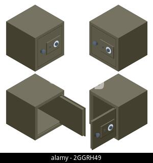 Ensemble isométrique de coffres-forts métalliques de sécurité isolés sur fond blanc. Sécurité financière. Coffre-fort en métal Banque d'argent dépôt en acier sécurité en étain Illustration de Vecteur