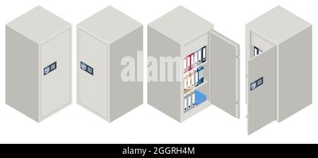 Ensemble isométrique de coffres-forts métalliques de sécurité isolés sur fond blanc. Sécurité financière. Coffre-fort en métal Banque d'argent dépôt en acier sécurité en étain Illustration de Vecteur