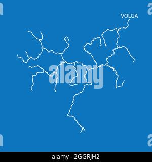 Carte du bassin hydrographique de la Volga. Illustration simple de vecteur fin. Illustration de Vecteur