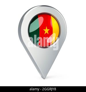 Pointeur de carte avec drapeau du Cameroun, rendu 3D isolé sur fond blanc Banque D'Images