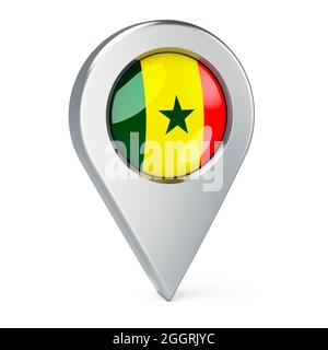 Pointeur de carte avec drapeau du Sénégal, rendu 3D isolé sur fond blanc Banque D'Images