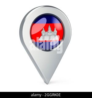 Pointeur de carte avec drapeau du Cambodge, rendu 3D isolé sur fond blanc Banque D'Images