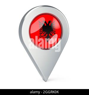 Pointeur de carte avec drapeau de l'Albanie, rendu 3D isolé sur fond blanc Banque D'Images