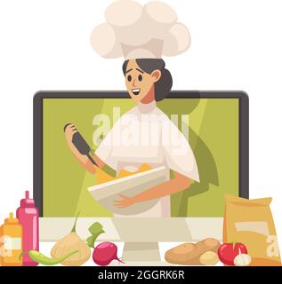 Cuisine nourriture Blogger icône de dessin animé avec femme personnage sur l'écran d'ordinateur illustration vectorielle Illustration de Vecteur