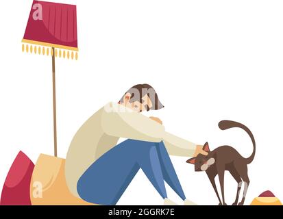 Composition de dessin animé avec homme seul assis sur le sol et illustration de vecteur d'animal de compagnie de course Illustration de Vecteur