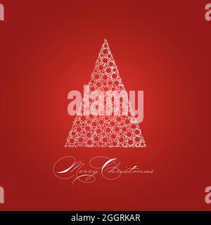 Thème carte de Noël avec arbre de Noël blanc et en pointillés enneigés sur fond rouge et étiquette Joyeux Noël. Illustration simple, élégante et moderne du vectror. Illustration de Vecteur