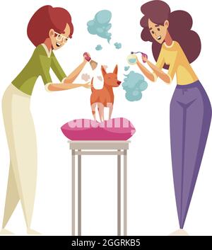 Graming plat icône avec deux femmes sentant petit chien avec illustration de vecteur de parfum Illustration de Vecteur