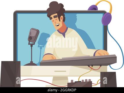 Dessin animé vidéo blogueur chantant et jouant clavier en ligne illustration vectorielle Illustration de Vecteur