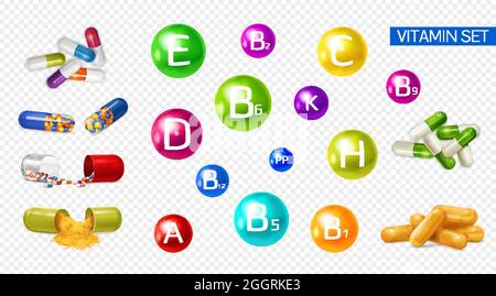Vitamines minéraux stimulant l'énergie 3d coloré réaliste ensemble avec des extraits de fruits suppléments multivitamines fond transparent illustration vectorielle Illustration de Vecteur