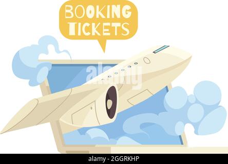 Réservation de billets composition en ligne avec ordinateur portable et illustration du vecteur de dessin animé de l'avion volant Illustration de Vecteur