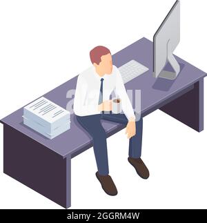 Icône isométrique avec un ouvrier ennuyé assis sur son bureau et buvant du café illustration vectorielle 3d Illustration de Vecteur