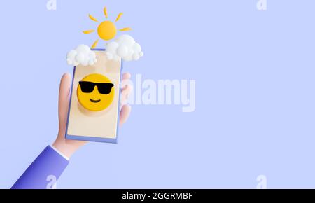 Dessin animé 3D stylisé main tenant smartphone regardant les icônes météo avec émoji souriant frais portant des lunettes de soleil isolées sur fond bleu avec copie Banque D'Images