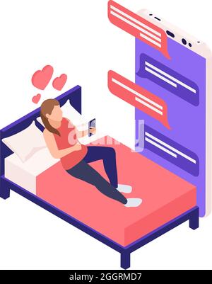 Relations virtuelles en ligne datant composition isométrique avec fille couché dans le lit chat avec l'amant dans l'illustration de vecteur d'application de smartphone Illustration de Vecteur