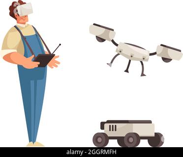 Homme en uniforme contrôlant le drone volant et véhicule automatique à vecteur isolé à plat Illustration de Vecteur