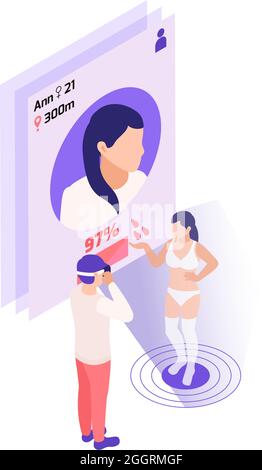 Relations virtuelles en ligne datant composition isométrique avec l'homme en vr lunettes scannant fille avec écran d'application et pourcentage illustration de vecteur Illustration de Vecteur