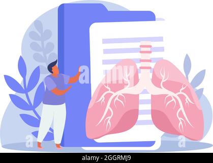Inspection pulmonaire icônes plates composition avec la paperasserie médicale et poumons avec illustration de vecteur de caractère humain Illustration de Vecteur