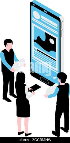 Communication sur les réseaux sociaux icône isométrique en bleu et noir avec un smartphone et une illustration vectorielle à trois personnes Illustration de Vecteur