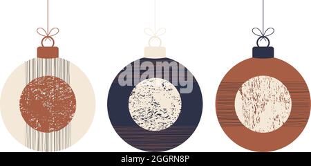 Ensemble de boules de Noël Doodle boho. Décoration jouets avec glands, franges isolées sur fond blanc. Décoration de fête aux couleurs pastel et terre cuite Illustration de Vecteur