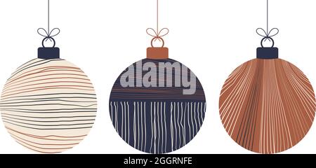 Ensemble de boules de Noël Doodle boho. Décoration jouets avec glands, franges isolées sur fond blanc. Décoration de fête aux couleurs pastel et terre cuite Illustration de Vecteur