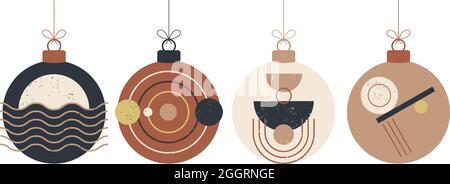 Ensemble de boules de Noël Doodle boho. Décoration jouets avec glands, franges isolées sur fond blanc. Décoration de fête aux couleurs pastel et terre cuite Illustration de Vecteur