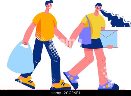 Composition plate de shopping en famille avec des personnages de l'homme et de la femme tenant les mains avec des sacs de shopping illustration vectorielle Illustration de Vecteur