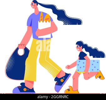 Composition plate de shopping en famille avec des personnages de mère et de fille avec illustration vectorielle de sacs d'achats Illustration de Vecteur