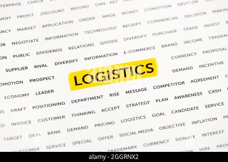 Le mot « Logistique » est mis en évidence par un marqueur sur papier. Concept d'affaires, livraison, transport, commerce Banque D'Images