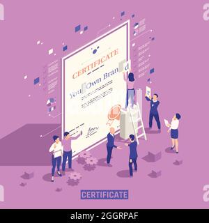 Strategical self marketing Personal Branding techniques de gestion des compétences éducation isométrique de fond composition avec certificat officiel vecteur Illustration de Vecteur