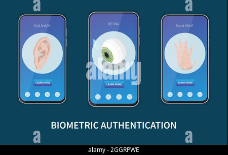 Authentification biométrique ensemble isométrique de trois bannières verticales dans les cadres de smartphone avec méthodes d'identification personnelle images illustration vectorielle Illustration de Vecteur