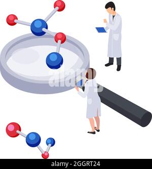 Icône de concept de technologie future avec loupe isométrique de caractères humains et illustration de vecteur de molécules Illustration de Vecteur