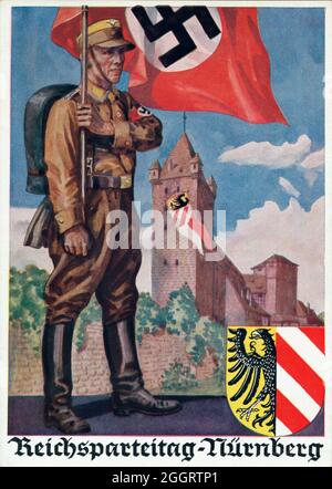 Une affiche vintage pour le rallye de Nuremberg nazi annuel montrant un membre de la Sturmabteilung (sa, les brownshirts) Banque D'Images