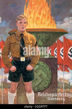 Une affiche vintage pour le rallye de Nuremberg nazi annuel montrant un membre en uniforme de la Jeunesse d'Hitler (Hitler-Jugend, HJ) Banque D'Images