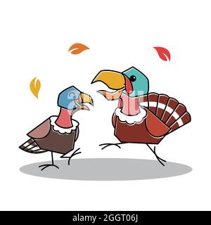 Happy Dancing Turquie couple d'oiseaux automne Thanksgiving personnage de dessin animé Illustration de Vecteur