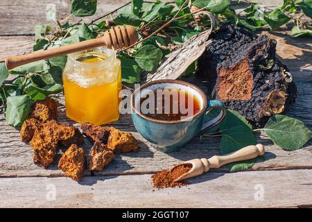 Thé de chaga - un antioxydant fort, stimule le système immunitaire. Sain pur naturel. Champignon de chaga sauvage, préparation de thé, café et remède à base de plantes Banque D'Images