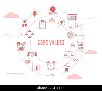 concept de valeurs fondamentales avec bannière de modèle de jeu d'icônes et illustration du vecteur de forme ronde de cercle Banque D'Images