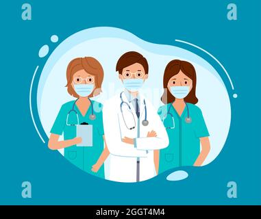 Groupe de médecins de la clinique médicale. Médecin dans une bulle blanche sur fond bleu. Illustration de Vecteur