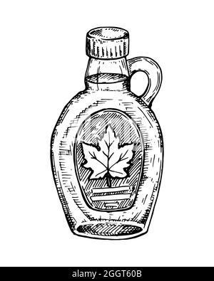 Bouteille en verre tirée à la main avec sirop d'érable. Illustration vectorielle dans le style d'esquisse Illustration de Vecteur