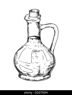 Bouteille en verre tirée à la main avec de l'huile d'olive. Illustration vectorielle dans le style d'esquisse Illustration de Vecteur