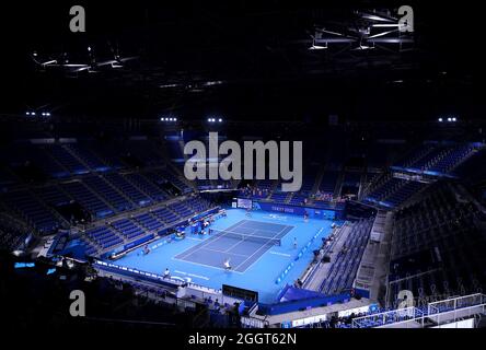 Vue générale de l'action lors du match de la médaille d'or du double masculin entre Alfie Hewett et Gordon Reid en Grande-Bretagne et Stephane Houdet et Nicolas Peifer en France au Parc de tennis Ariake au cours du dixième jour des Jeux paralympiques de Tokyo en 2020 au Japon. Date de la photo : vendredi 3 septembre 2021. Banque D'Images