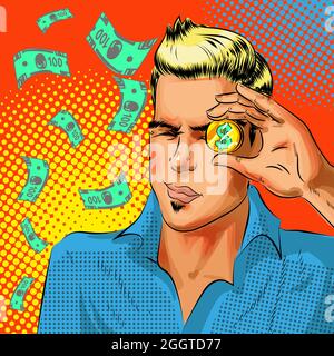 Vecteur pop art homme d'affaires regardant la pièce de monnaie d'or dollar Illustration de Vecteur