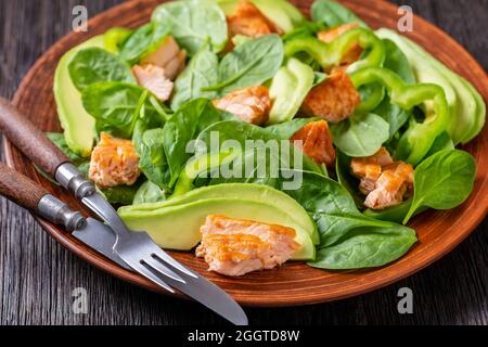 gros plan de saumon, d'épinards, d'avocat et de salade de poivre vert sur une assiette rustique brune avec fourchette et couteau sur une table en chêne tourbière, régime méditerranéen sain Banque D'Images