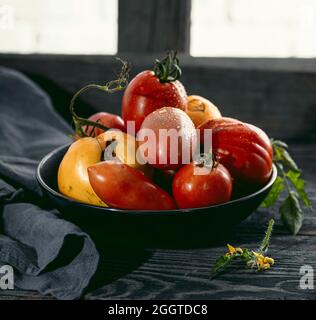 Tomates multicolores de différentes tailles et de différents types dans un plat sombre et un fond rustique en bois Banque D'Images